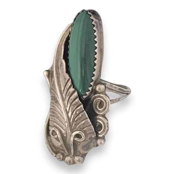 Vintage Jewelry - Vintage 1970s Sterling Silver Ring Malachite Native American Signed H 4X